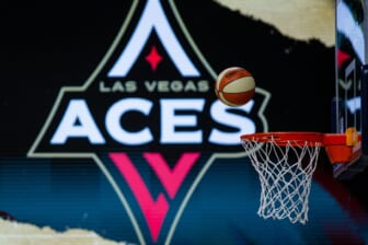 Oct 2, 2020; Bradenton, Florida, USA; A game ball falls through the net as the Las Vegas Aces warm up before game 1 of the WNBA finals against the Seattle Storm at IMG Academy. Mandatory Credit: Mary Holt-USA TODAY Sports