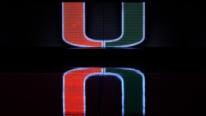 Dec 8, 2020; Coral Gables, Florida, USA; A general view of a reflection of the Miami Hurricanes school logo on the scorers table prior to the game between the Miami Hurricanes and the Purdue Boilermakers at Watsco Center. Mandatory Credit: Jasen Vinlove-USA TODAY Sports