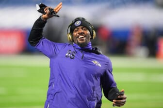 Jan 16, 2021; Orchard Park, New York, USA; Baltimore Ravens wide receiver Dez Bryant (88) gestures prior to an AFC Divisional Round game against the Buffalo Bills at Bills Stadium. Mandatory Credit: Rich Barnes-USA TODAY Sports