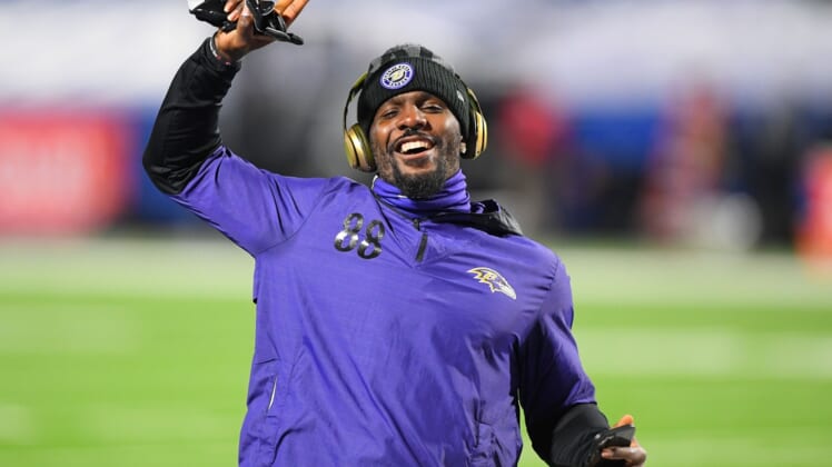 Jan 16, 2021; Orchard Park, New York, USA; Baltimore Ravens wide receiver Dez Bryant (88) gestures prior to an AFC Divisional Round game against the Buffalo Bills at Bills Stadium. Mandatory Credit: Rich Barnes-USA TODAY Sports