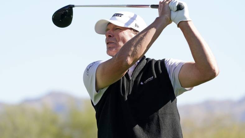 Feb 5, 2021; Scottsdale, Arizona, USA; Steve Stricker plays his tee shot on the third hole during round two of the Waste Management Phoenix Open at TPC Scottsdale. Mandatory Credit: Rob Schumacher-Arizona Republic

Pga Wm Phoenix Open Round Two