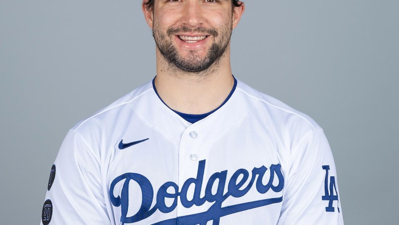 Mar 1, 2021; Glendale, AZ, USA; Los Angeles Dodgers  Tommy Kahnle (44) poses during media day at Camelback Ranch. Mandatory Credit: MLB Photos via USA Today Sports