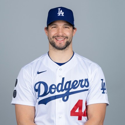 Mar 1, 2021; Glendale, AZ, USA; Los Angeles Dodgers  Tommy Kahnle (44) poses during media day at Camelback Ranch. Mandatory Credit: MLB Photos via USA Today Sports