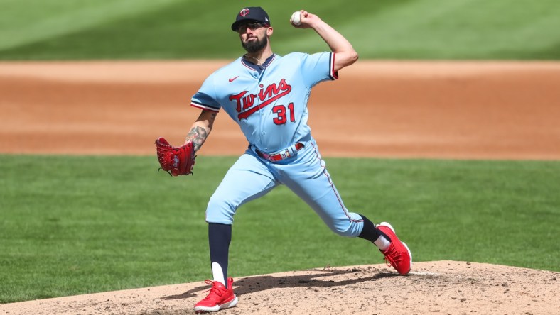 Apr 24, 2021; Minneapolis, Minnesota, USA; Minnesota Twins starting pitcher Devin Smeltzer (31) delivers a pitch to the Pittsburgh Pirates in the fifth inning at Target Field. Mandatory Credit: David Berding-USA TODAY Sports