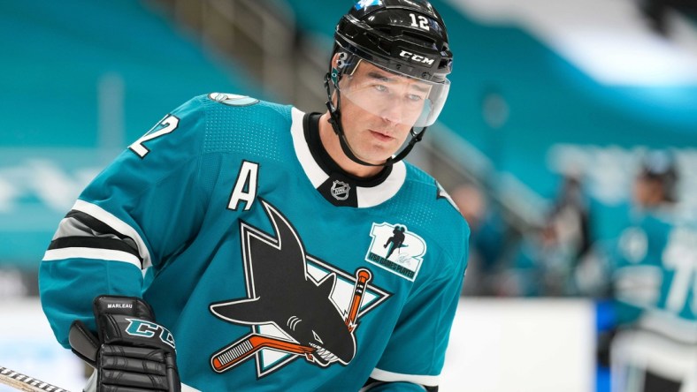 Apr 24, 2021; San Jose, California, USA;  San Jose Sharks center Patrick Marleau (12) before the game against the Minnesota Wild at SAP Center at San Jose. Mandatory Credit: Stan Szeto-USA TODAY Sports