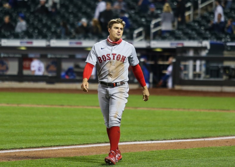 Apr 27, 2021; New York City, New York, USA; Boston Red Sox center fielder Kike Hernandez (5) at Citi Field. Mandatory Credit: Wendell Cruz-USA TODAY Sports