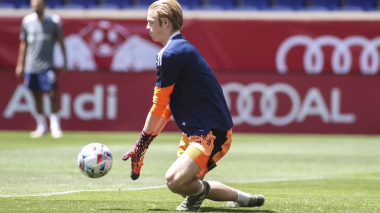 May 1, 2021; Harrison, New Jersey, USA; Chicago Fire goalkeeper Chris Brady (34) during warmups prior to the match against the New York Red Bulls at Red Bull Arena. Mandatory Credit: Wendell Cruz-USA TODAY Sports