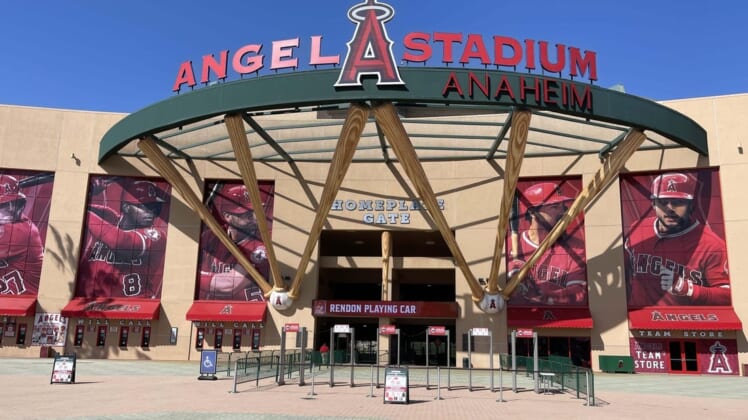 May 3, 2021; Anaheim, California, USA; A general overall view of the Angel Stadium exterior. Mandatory Credit: Kirby Lee-USA TODAY Sports