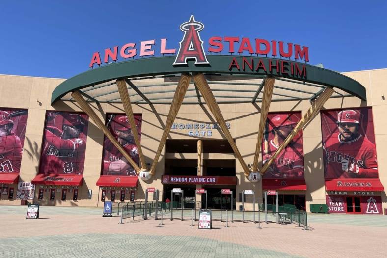 May 3, 2021; Anaheim, California, USA; A general overall view of the Angel Stadium exterior. Mandatory Credit: Kirby Lee-USA TODAY Sports