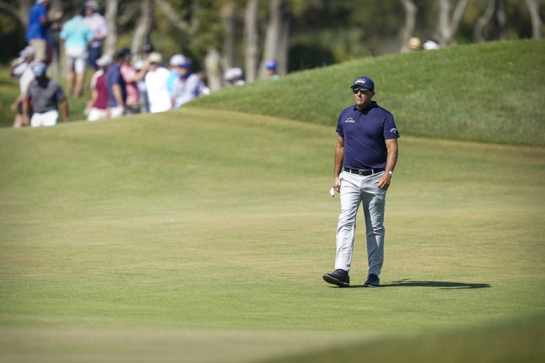 May 23, 2021; Kiawah Island, South Carolina, USA; Phil Mickelson walks the fairway on the 9th hole during the final round of the PGA Championship golf tournament. Mandatory Credit: David Yeazell-USA TODAY Sports