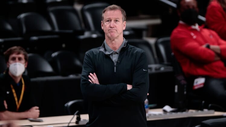 May 24, 2021; Denver, Colorado, USA; Portland Trail Blazers head coach Terry Stotts looks on in the second quarter against the Denver Nuggets during game two in the first round of the 2021 NBA Playoffs at Ball Arena. Mandatory Credit: Isaiah J. Downing-USA TODAY Sports