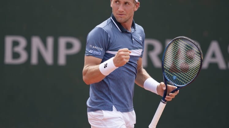 Jun 2, 2021; Paris, France;  Casper Ruud (NOR) reacts during his match against Kamil Majchrzak (POL) on day four of the French Open at Stade Roland Garros. Mandatory Credit: Susan Mullane-USA TODAY Sports