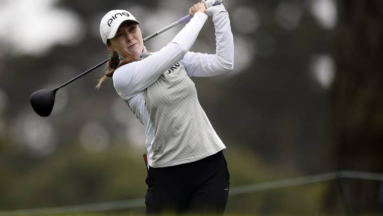 Jun 3, 2021; San Francisco, California, USA; Brittany Altomare plays her shot from the 12th tee during the first round of the U.S. Women's Open golf tournament at The Olympic Club. Mandatory Credit: Kelvin Kuo-USA TODAY Sports