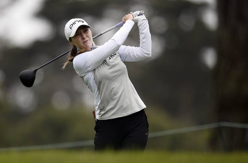 Jun 3, 2021; San Francisco, California, USA; Brittany Altomare plays her shot from the 12th tee during the first round of the U.S. Women's Open golf tournament at The Olympic Club. Mandatory Credit: Kelvin Kuo-USA TODAY Sports
