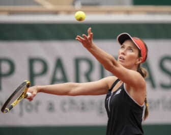 Jun 4, 2021; Paris, France; Danielle Collins (USA) in action during her match against Serena Williams (USA) on day six of the French Open at Stade Roland Garros. Mandatory Credit: Susan Mullane-USA TODAY Sports