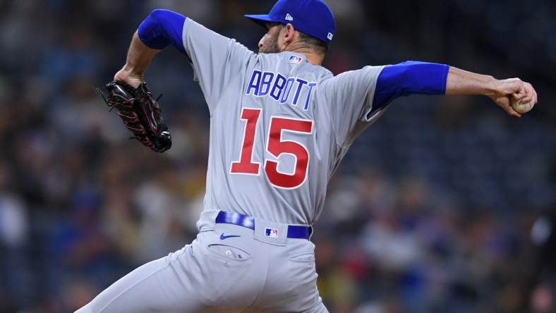 Jun 7, 2021; San Diego, California, USA; Chicago Cubs relief pitcher Cory Abbott (15) throws a pitch against the San Diego Padres during the eighth inning at Petco Park. Mandatory Credit: Orlando Ramirez-USA TODAY Sports