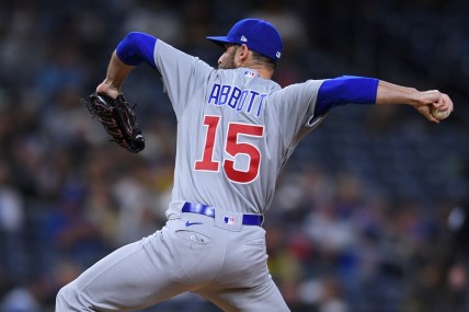 Jun 7, 2021; San Diego, California, USA; Chicago Cubs relief pitcher Cory Abbott (15) throws a pitch against the San Diego Padres during the eighth inning at Petco Park. Mandatory Credit: Orlando Ramirez-USA TODAY Sports