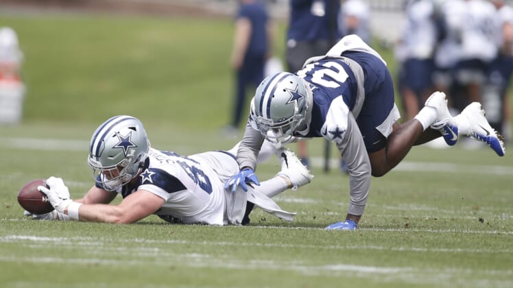 Jun 8, 2021; Frisco, TX, USA; Dallas Cowboys tight end Dalton Schultz (86) catches a pass against cornerback Maurice Canady (28) during voluntary Organized Team Activities at the Ford Center at the Star Training Facility in Frisco, Texas. Mandatory Credit: Tim Heitman-USA TODAY Sports