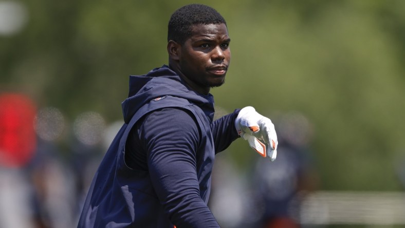 Jun 9, 2021; Lake Forest, Illinois, USA; Chicago Bears Tarik Cohen walks on the field during organized team activities at Halas Hall. Mandatory Credit: Kamil Krzaczynski-USA TODAY Sports