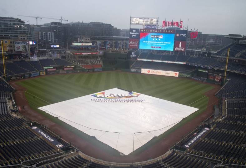 Jun 10, 2021; Washington, District of Columbia, USA; General view of the tarp on the field before the game between the Washington Nationals and the San Francisco Giants at Nationals Park. Mandatory Credit: Brad Mills-USA TODAY Sports