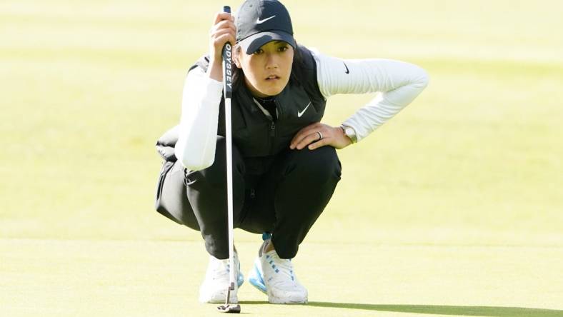 June 11, 2021; Daly City, California, USA; Michelle Wie West lines up her putt on the 10th hole during the second round of the LPGA MEDIHEAL Championship golf tournament at Lake Merced Golf Club. Mandatory Credit: Kyle Terada-USA TODAY Sports