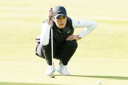 June 11, 2021; Daly City, California, USA; Michelle Wie West lines up her putt on the 10th hole during the second round of the LPGA MEDIHEAL Championship golf tournament at Lake Merced Golf Club. Mandatory Credit: Kyle Terada-USA TODAY Sports