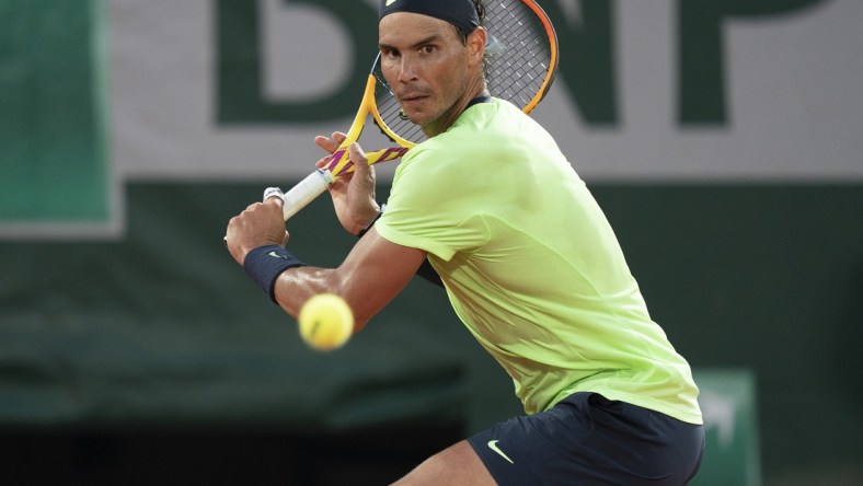 Jun 11, 2021; Paris, France; Rafael Nadal (ESP) in action during his semifinal match against Novak Djokovic (SRB) on day 13 of the French Open at Stade Roland Garros. Mandatory Credit: Susan Mullane-USA TODAY Sports