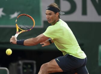 Jun 11, 2021; Paris, France; Rafael Nadal (ESP) in action during his semifinal match against Novak Djokovic (SRB) on day 13 of the French Open at Stade Roland Garros. Mandatory Credit: Susan Mullane-USA TODAY Sports