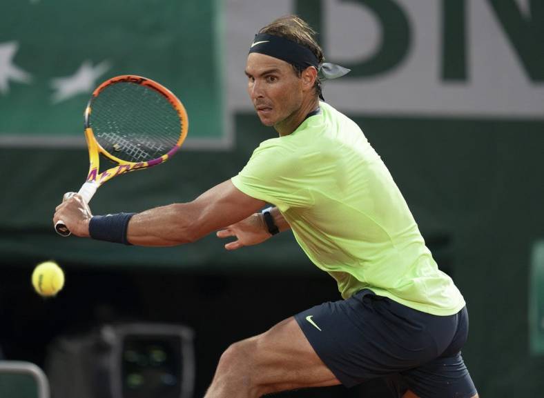Jun 11, 2021; Paris, France; Rafael Nadal (ESP) in action during his semifinal match against Novak Djokovic (SRB) on day 13 of the French Open at Stade Roland Garros. Mandatory Credit: Susan Mullane-USA TODAY Sports
