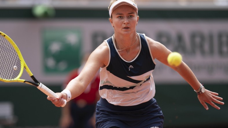 Jun 12, 2021; Paris, France; Barbora Krejcikova (CZE) in action during the women's final match against Anastasia Pavlyuchenkova (RUS) on day 14 of the French Open at Stade Roland Garros. Mandatory Credit: Susan Mullane-USA TODAY Sports