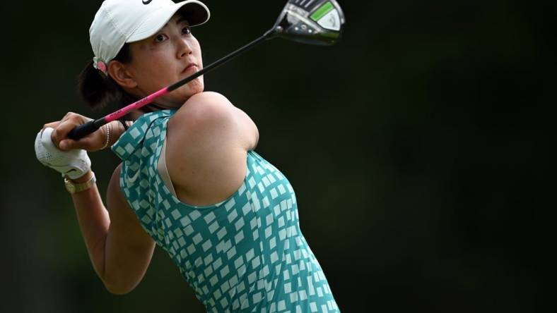 Jun 24, 2021; John's Creek, Georgia, USA; Michelle Wie West plays her shot from the 18th tee during the first round of the KPMG Women's PGA Championship golf tournament at the Atlanta Athletic Club. Mandatory Credit: Adam Hagy-USA TODAY Sports