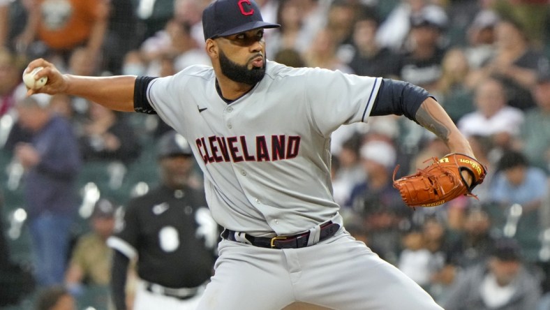 Jul 30, 2021; Chicago, Illinois, USA; Cleveland Indians starting pitcher J.C. Mejia (36) throws a pitch against the Chicago White Sox during the first inning at Guaranteed Rate Field. Mandatory Credit: Mike Dinovo-USA TODAY Sports