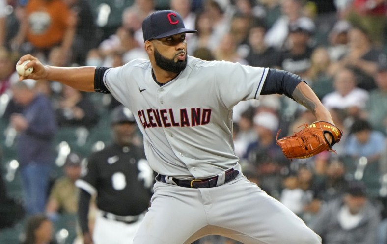 Jul 30, 2021; Chicago, Illinois, USA; Cleveland Indians starting pitcher J.C. Mejia (36) throws a pitch against the Chicago White Sox during the first inning at Guaranteed Rate Field. Mandatory Credit: Mike Dinovo-USA TODAY Sports