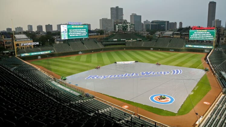 Aug 9, 2021; Chicago, Illinois, USA; A general view of Wrigley Field during a rain delay before the game between the Chicago Cubs and the Milwaukee Brewers. Mandatory Credit: Jon Durr-USA TODAY Sports