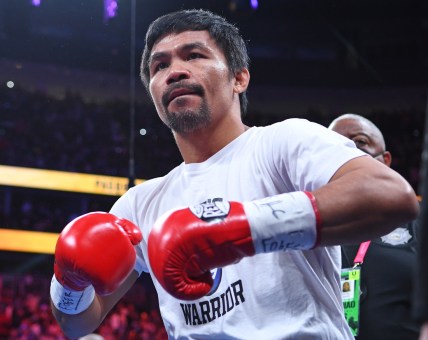 Aug 21, 2021; Las Vegas, Nevada; Manny Pacquiao is pictured before the start of a world welterweight championship bout against Yordenis Ugas at T-Mobile Arena. Mandatory Credit: Stephen R. Sylvanie-USA TODAY Sports