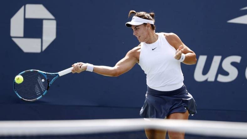 Aug 30, 2021; Flushing, NY, USA; Ana Konjuh of Croatia hits to Leylah Fernandez of Canada in a first round match on day one of the 2021 U.S. Open tennis tournament at USTA Billie King National Tennis Center. Mandatory Credit: Jerry Lai-USA TODAY Sports