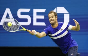 Aug 30, 2021; Flushing, NY, USA; Richard Gasquet of France returns a shot Daniil Medvedev of Russia in the first round on day one of the 2021 U.S. Open tennis tournament at USTA Billie King National Tennis Center. Mandatory Credit: Jerry Lai-USA TODAY Sports