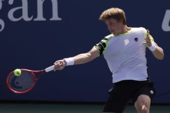 Sep 4, 2021; Flushing, NY, USA; Ilya Ivashka of Belarus hits a forehand against Matteo Berrettini of Italy (not pictured) on day six of the 2021 U.S. Open tennis tournament at USTA Billie Jean King National Tennis Center. Mandatory Credit: Geoff Burke-USA TODAY Sports
