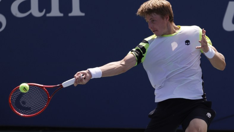 Sep 4, 2021; Flushing, NY, USA; Ilya Ivashka of Belarus hits a forehand against Matteo Berrettini of Italy (not pictured) on day six of the 2021 U.S. Open tennis tournament at USTA Billie Jean King National Tennis Center. Mandatory Credit: Geoff Burke-USA TODAY Sports