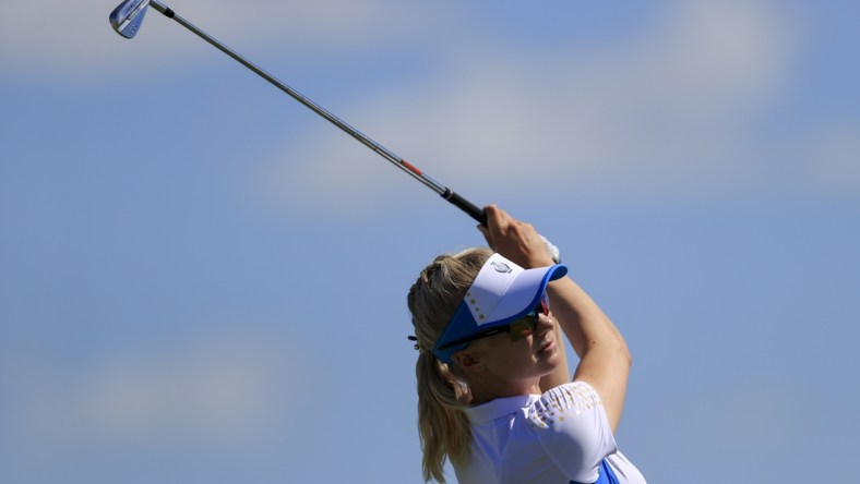 Sep 6, 2021; Toledo, Ohio, USA; Madelene Sagstrom of Team Europe hits her tee shot on the second hole during competition rounds of the Solheim Cup golf tournament at Inverness Club. Mandatory Credit: Aaron Doster-USA TODAY Sports