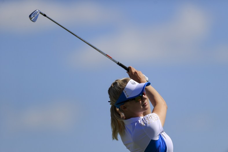 Sep 6, 2021; Toledo, Ohio, USA; Madelene Sagstrom of Team Europe hits her tee shot on the second hole during competition rounds of the Solheim Cup golf tournament at Inverness Club. Mandatory Credit: Aaron Doster-USA TODAY Sports