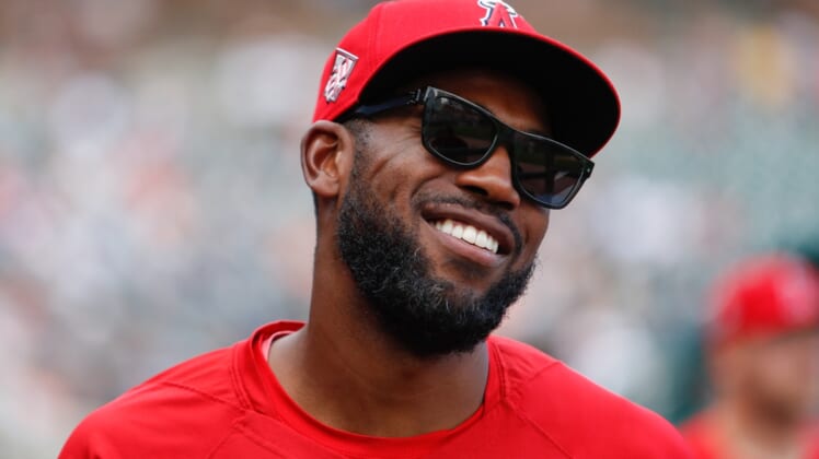 Aug 19, 2021; Detroit, Michigan, USA; Los Angeles Angels right fielder Dexter Fowler (25) smiles during the ninth inning against the Detroit Tigers at Comerica Park. Mandatory Credit: Raj Mehta-USA TODAY Sports