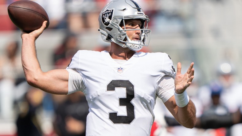 Aug 29, 2021; Santa Clara, California, USA;  Las Vegas Raiders quarterback Nathan Peterman (3) throws the ball  during the third quarter against the San Francisco 49ers at Levi's Stadium. Mandatory Credit: Stan Szeto-USA TODAY Sports