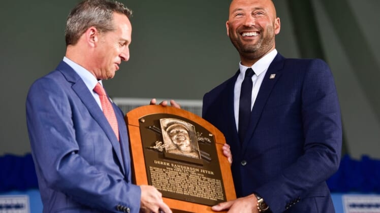 Derek Jeter is presented with his plaque during the 2021 National Baseball Hall of Fame Induction Ceremony on Wednesday, Sept. 8 in Cooperstown. The ceremony honored the members of the Class of 2020: Derek Jeter, Marvin Miller, Ted Simmons and Larry Walker.Nyuti P 090821 Baseball Hof Induction 45
