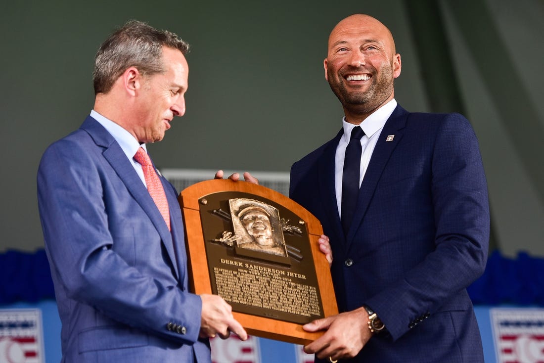 Derek Jeter is presented with his plaque during the 2021 National Baseball Hall of Fame Induction Ceremony on Wednesday, Sept. 8 in Cooperstown. The ceremony honored the members of the Class of 2020: Derek Jeter, Marvin Miller, Ted Simmons and Larry Walker.

Nyuti P 090821 Baseball Hof Induction 45