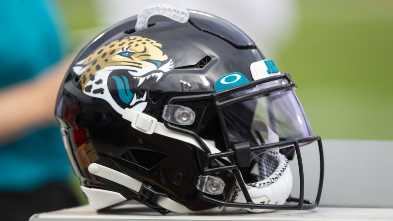 Sep 19, 2021; Jacksonville, Florida, USA; Detailed view of a Jacksonville Jaguars football helmet against the Denver Broncos at TIAA Bank Field. Mandatory Credit: Mark J. Rebilas-USA TODAY Sports