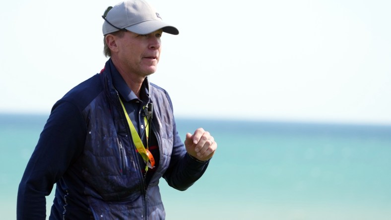 Sep 24, 2021; Haven, Wisconsin, USA; Team USA captain Steve Stricker watches over play on the sixth green during day one four-ball rounds for the 43rd Ryder Cup golf competition at Whistling Straits. Mandatory Credit: Kyle Terada-USA TODAY Sports