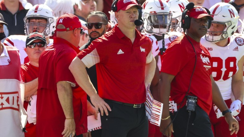 Sep 18, 2021; Norman, Oklahoma, USA;  Nebraska Cornhuskers head coach Scott Frost during the game against the Oklahoma Sooners at Gaylord Family-Oklahoma Memorial Stadium. Mandatory Credit: Kevin Jairaj-USA TODAY Sports