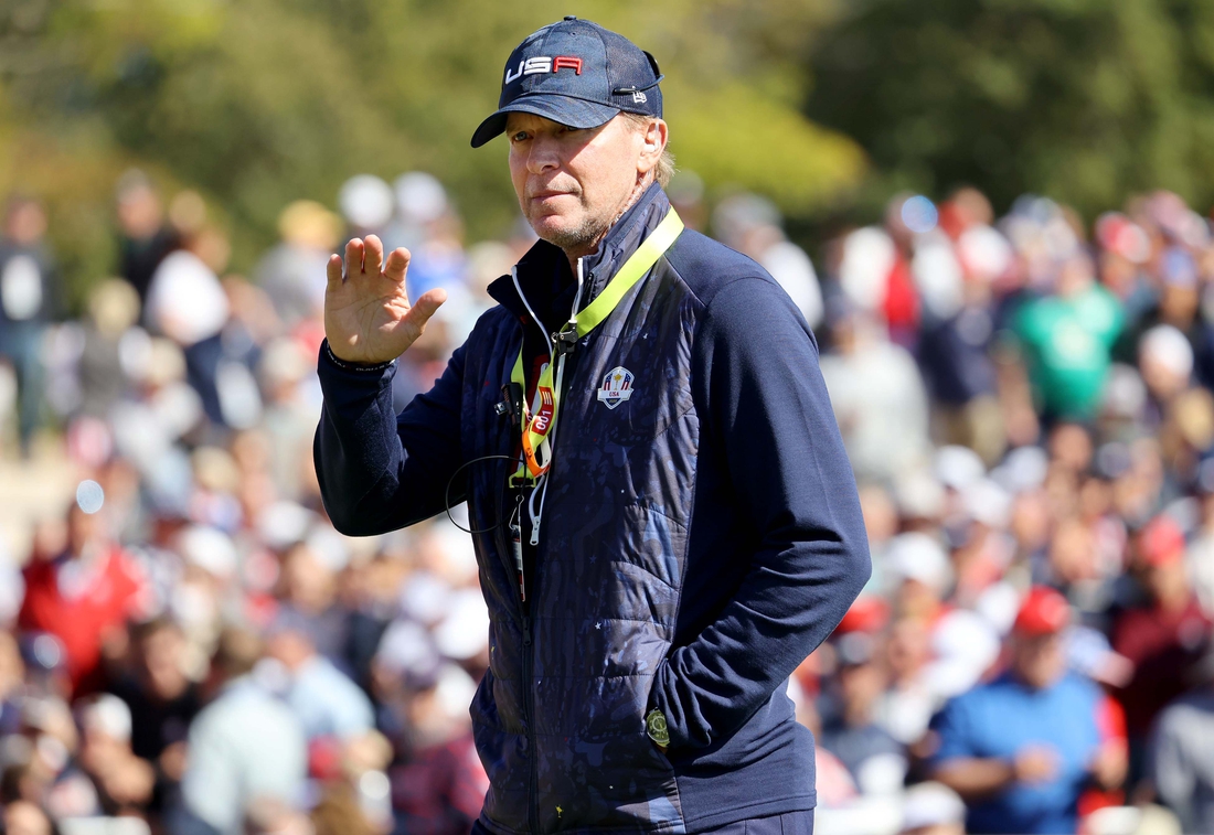 Sep 25, 2021; Haven, WI, USA; U.S. Ryder Cup team captain Steve Stricker acknowledges fans on the first hole during the 43rd Ryder Cup at Whistling Straits, in Haven, Wis. on Saturday, Sept. 25, 2021. Mandatory Credit: Mike De Sisti-USA TODAY Sports