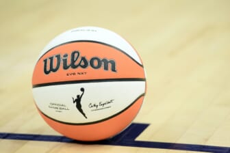 Oct 10, 2021; Phoenix, Arizona, USA; A view of the offical game ball during the second half of game one of the 2021 WNBA Finals between the Phoenix Mercury and the Chicago Sky at Footprint Center. Mandatory Credit: Joe Camporeale-USA TODAY Sports